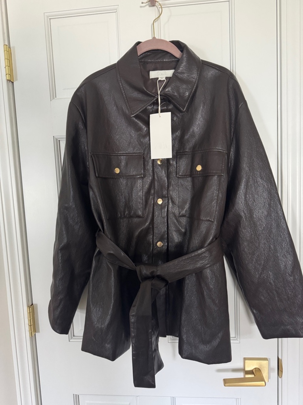 Zara Dark Brown Faux Leather Belted Jacket
